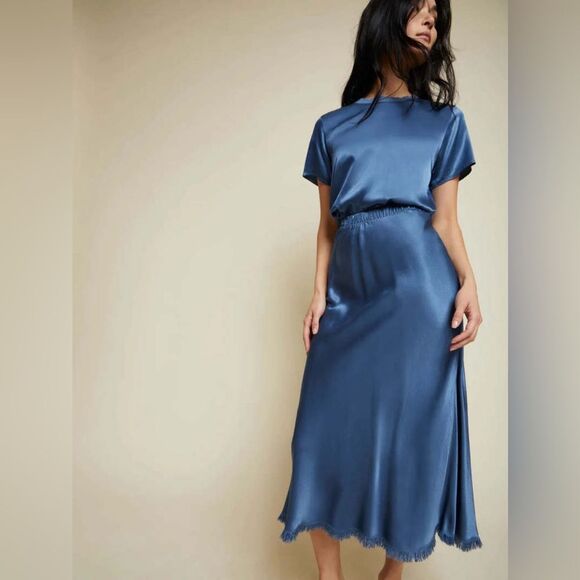 Nation LTD Satin Mabel Bias Midi Skirt in Atlantic Blue XS NWOT - Picture 1 of 9